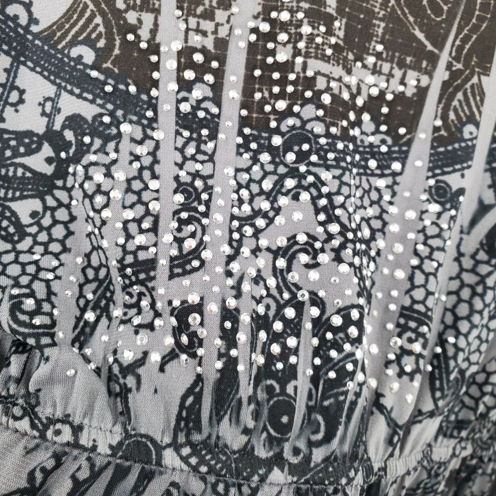 Vintage Womens Multi-Print Boho Dress Size L Gray Short Sleeve V-Neck Agenda - Picture 5 of 8